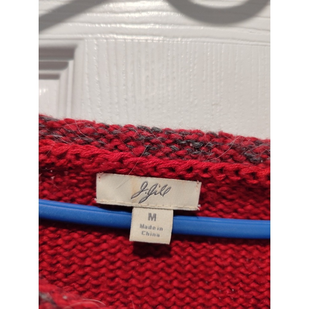 J Jill Sweater Red Gray V-Neck Embroidered Linen Lambswool Mohair size Medium - Picture 3 of 11
